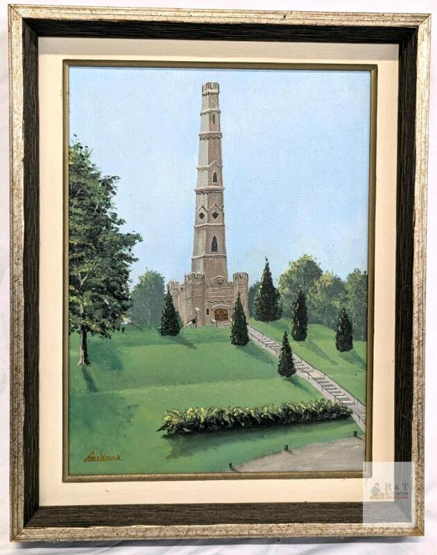 Vintage Signed Casey Kosnik Painting of the Stoney Creek Battlefield Monument on Canvas, Framed, 15.4" &times; 19.3"