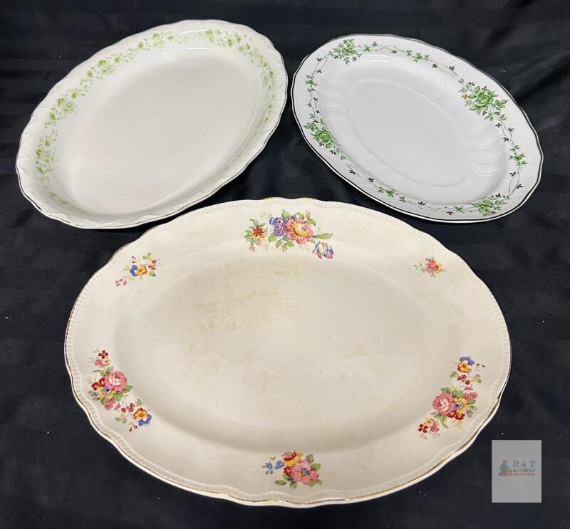 Sovereign Potters 16" Earthenware Floral Platter & Hollohaza Porcelain Platters, Green Garland, Gold Trim