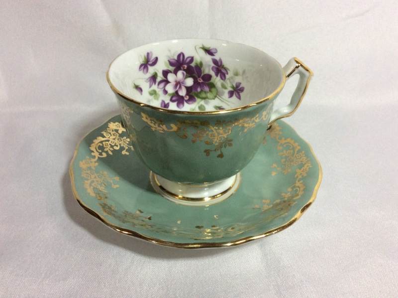 Vintage Aynsley Cup & Saucer Green + Violets