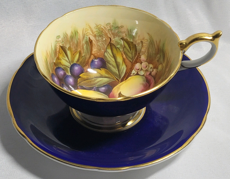 Aynsley Orchard Fruit Cup & Saucer in Colbalt Blue , Signed by D Jones