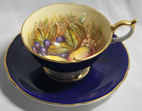 Aynsley Orchard Fruit Cup & Saucer in Colbalt Blue , Signed by D Jones