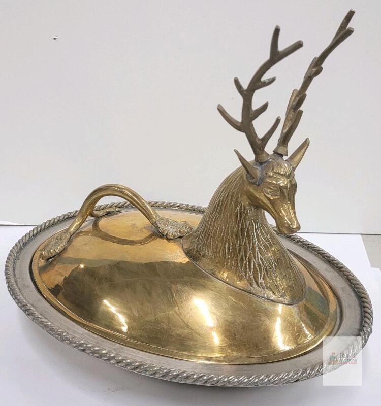 Vintage Serving Dish Featuring a Polished Brass Stag Head Cover w/Silver-Plated Platter - 16"&times;9"