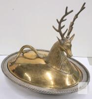 Vintage Serving Dish Featuring a Polished Brass Stag Head Cover w/Silver-Plated Platter - 16"&times;9"