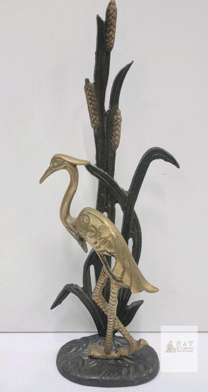 Brass & Cast Iron Heron with Cattails Figurine, 10" Tall, Nature Motif, Mid-Century Design