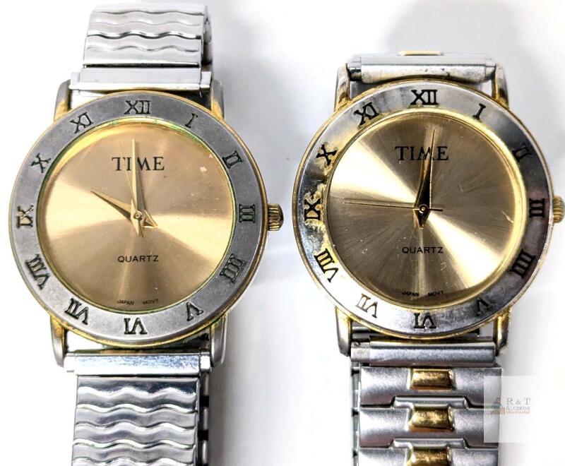 2 TIME Quartz Movement Watches With Metal Expansion Bands, Both Non-Functional And Likely Need Servicing