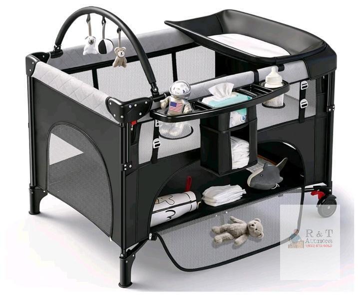 new HY-8036 4-in-1 Portable Playard Black, Changing Table, Bassinet, Canopy, Organizer X0046EQHJ5