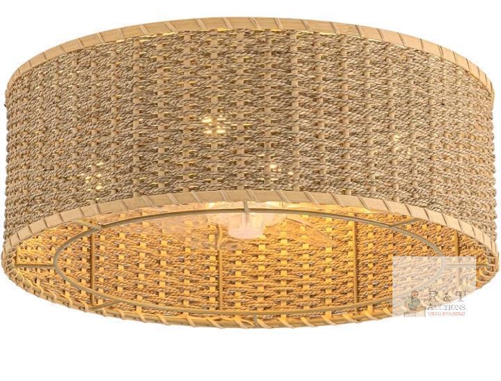 Boho Rattan Caged Flush Mount Ceiling Fan, 18.31" Diameter, Integrated Light, X004UE8ZTV