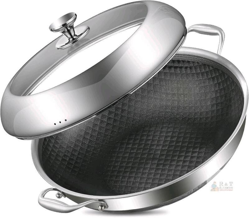12" Stainless Steel Honeycomb Nonstick Wok Pan with Glass Lid, Induction Compatible new