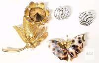Signed Vintage MONET Pierced Earrings, Large 2.75" Flower Brooch Marked 9884 (Missing 1 Stone) & Cowrie Shell Butterfly Brooch, Note: Earring Pins Loose
