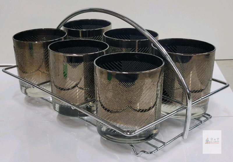 Vintage 6-Piece Smoky Glass Set with Chrome Caddy, Geometric Silver Overlay