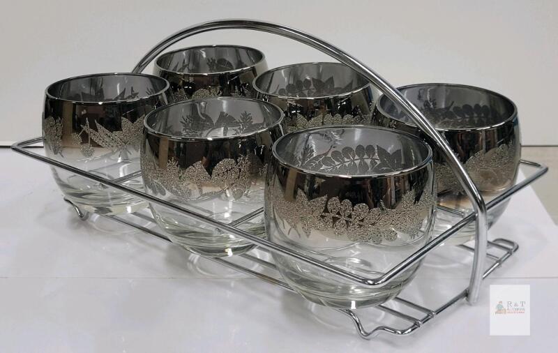 Vintage 6-Piece Silver Overlay Lowball Glass Set with Chrome Carrier