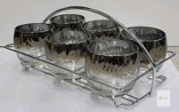 Vintage 6-Piece Silver Overlay Lowball Glass Set with Chrome Carrier
