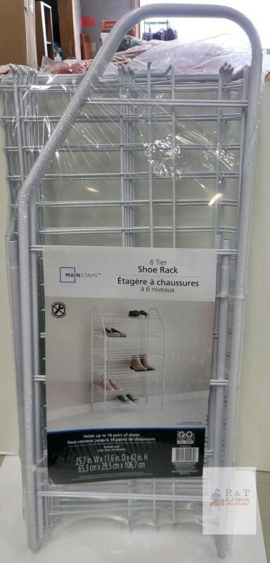 Mainstays 6-Tier Shoe Rack, White, Holds Up to 12 Pairs, No Tools Required Assembly new