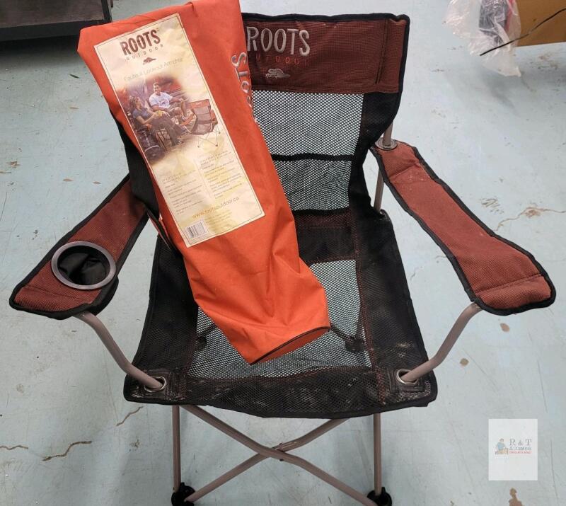 Roots Outdoor Lookout Armchair, Folding Camping Chair, Padded Armrests, Mesh Seat, Carry Bag- preowned