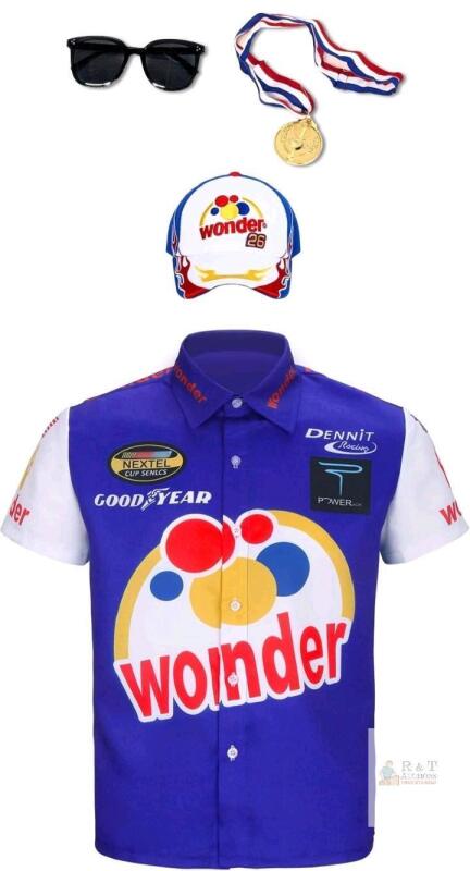 New Size MED Men's Ricky Bobby Costume Short Sleeve Shirt Embroidered Baseball Cap Hat Sunglasses Medal Outfit Adult Men Talladega Nights