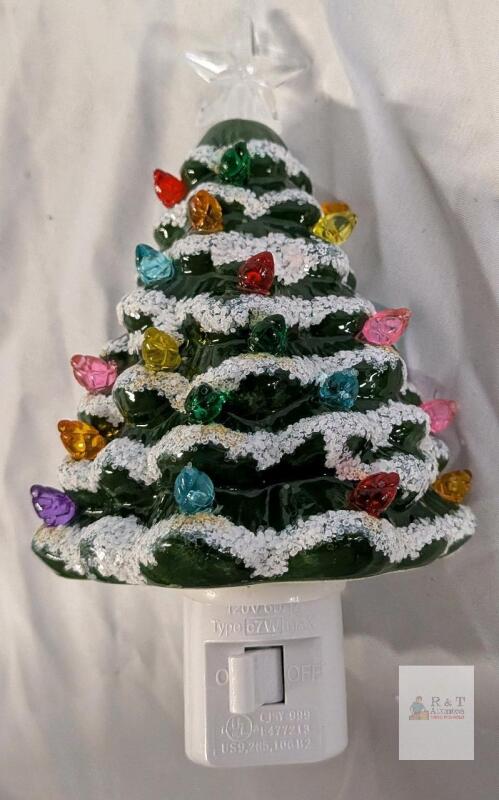 Plug-In Ceramic Christmas Tree Night Light, 5.5&rdquo; Tall, Multi-Color, 120V, Rotating Base, C7 Bulb
