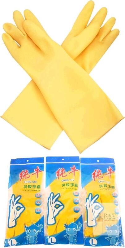 3 New Pairs Size LG Chun Niu Large Yellow Rubber Gloves, Textured Grip, Reusable, Household Cleaning
