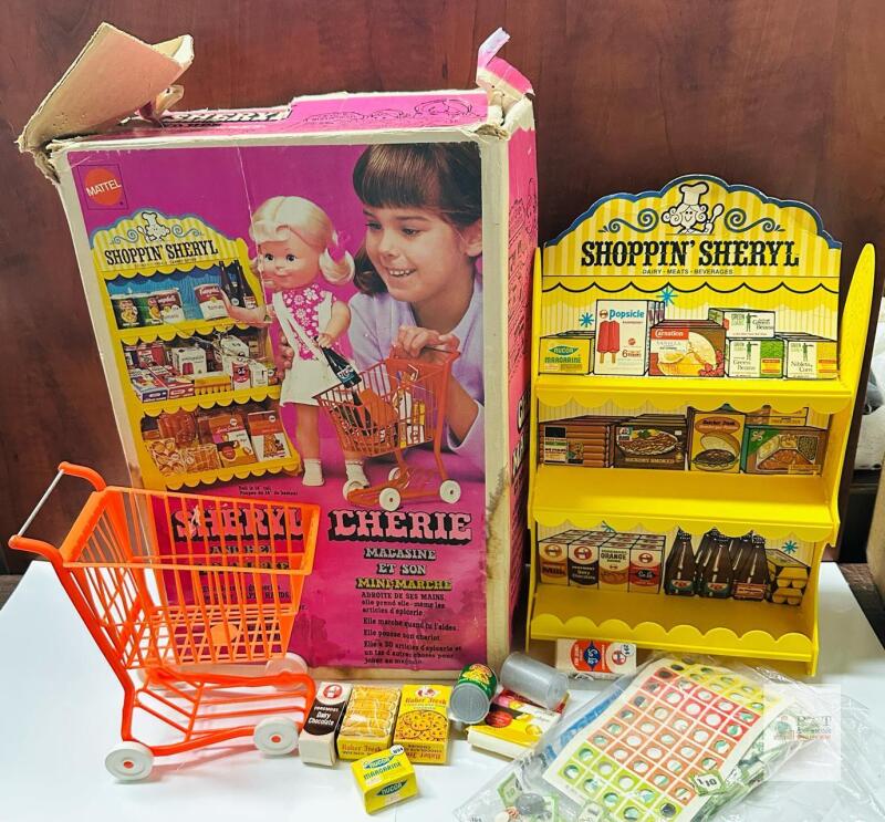 1970 Mattel Shoppin' Sheryl Mini Market Playset, Accessories, Cart & Original Box, Bilingual - see photos for condition- not complete but cool!