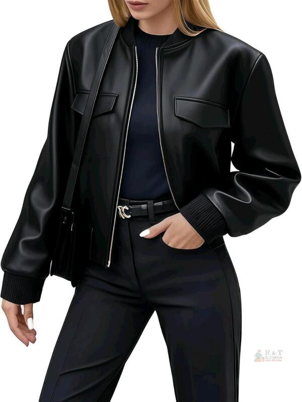 New Size M (US 6) Women's Ommiivex Black Faux Leather Cropped Bomber Coat Cute Short for Casual Vacation Travel College Going Out Classy Outfit