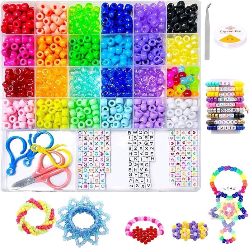 New Pony Beads for Bracelets and Jewelry Making, 6x9mm Kandi Beads Kit with Letter and Heart Beads, Scissors Elastic String, for DIY Crafts, Key Chains and Ornaments Decorations (Colours of Accessories May Vary)