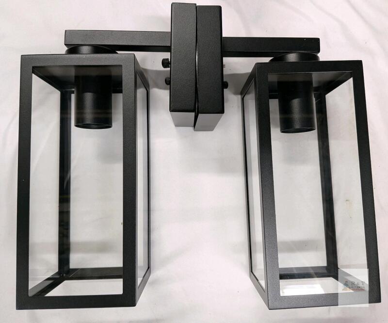 Modern Matte Black Outdoor Wall Lantern with Dual Downlights, Clear Glass Panels, Hardwired