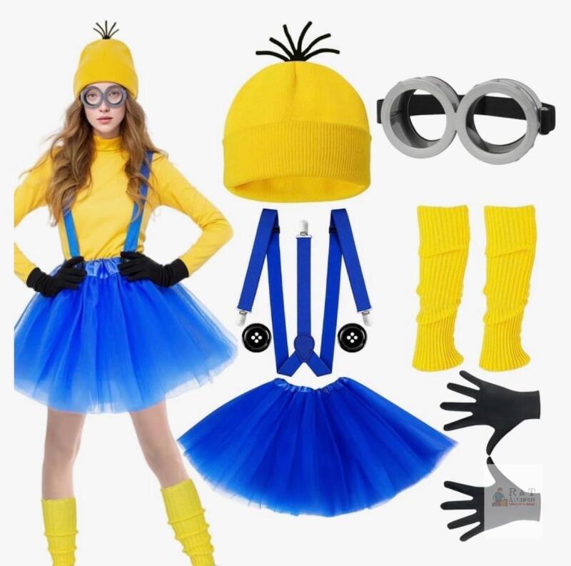 new Adult Minion Costume Set, Small, Complete with Hat, Goggles, Tutu, Suspenders, Gloves, Leg Warmers, F0366-YW