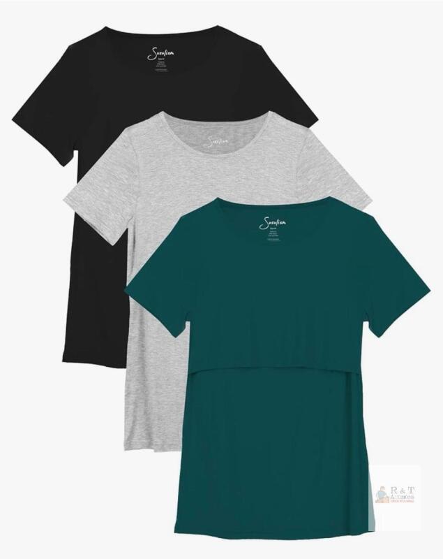 Saslax SB1002-EL Women's Nursing/Maternity T-shirt Top, Size L, 3-Pack, Teal