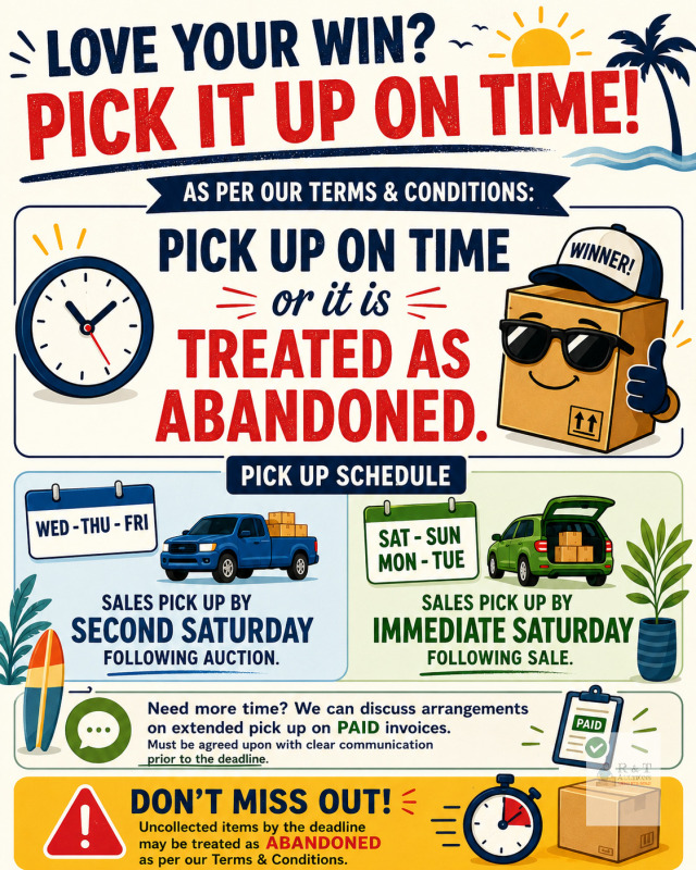 Thanks for bidding! You are a winner! Pickup Deadline & Abandoned Items Reminder