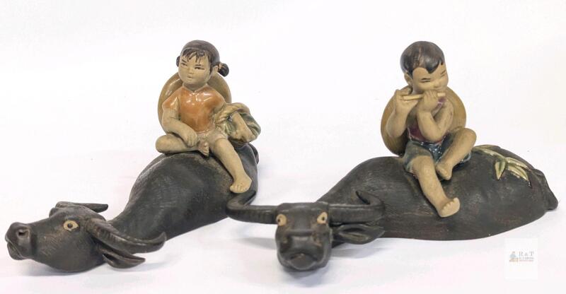 Vintage Pair Siwan Clay Boy & Girl Atop Water Buffaloes Figures, 5.8" Long, Boy's Buffalo Missing Ear