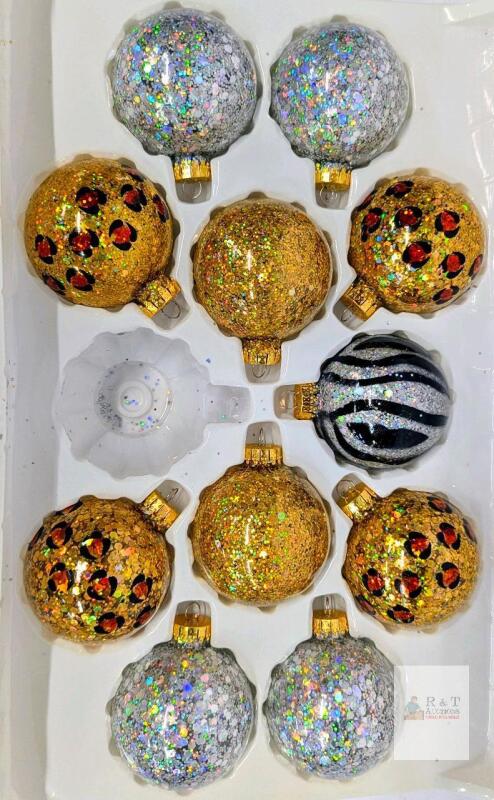 11pc Garden Ridge Glass Glitter Ornaments, Gold Silver Leopard Print & Zebra Print, 2.5"