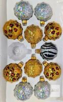 11pc Garden Ridge Glass Glitter Ornaments, Gold Silver Leopard Print & Zebra Print, 2.5"