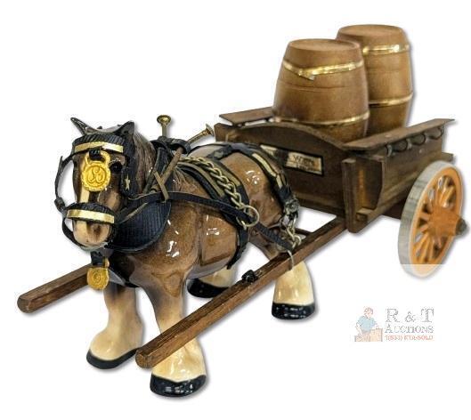 Vintage Melba Ware Ceramic Shire Horse With Cart & Barrels Limited Edition, 10.5" Long, Previous Repair Attempted On Reins & Harness, Further Repair Needed