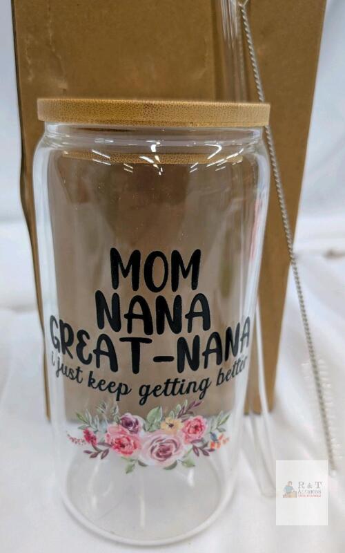 Glass Tumbler Cup 16oz with Bamboo Lid, Glass Straw, Floral Mom Nana Great-Nana Printed Design