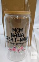 Glass Tumbler Cup 16oz with Bamboo Lid, Glass Straw, Floral Mom Nana Great-Nana Printed Design