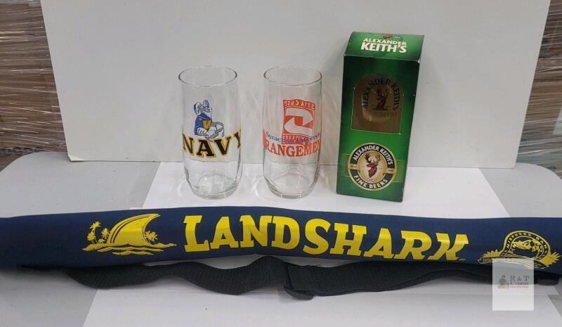 Navy and Syracuse University Pint Glasses, Alexander Keith&rsquo;s Boxed Pint Glass, LandShark 6-Bottle Neoprene Cooler
