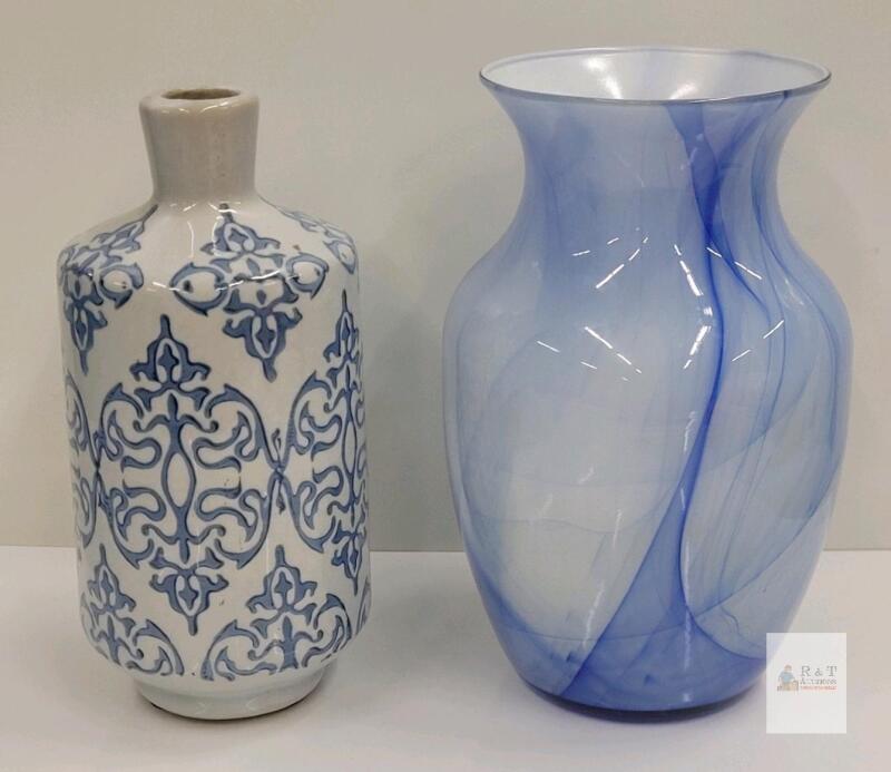 Pair of Blue Swirl Glass Vase 9" & Blue White Ceramic Vase 7" Ornate Design Home Decor