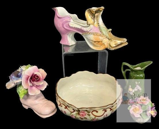 Vintage Coalport Porcelain Mini Floral Bouquet, Radnor Flower Boot, Mini Jug, Handpainted Nippon Rose Bowl & Gilded Porcelain High-Heel Shoe, Up To 3" Tall, Sculpted Flowers Show Chipping