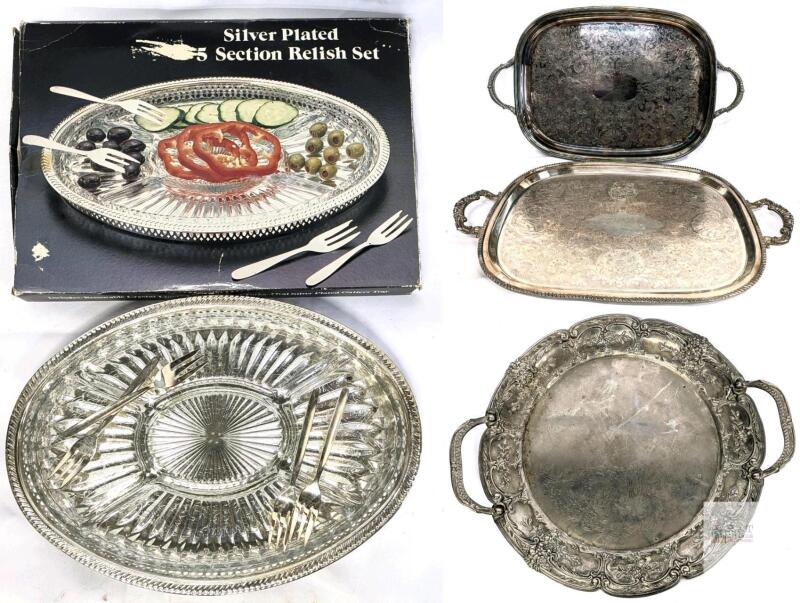 3 Vintage Silverplate Trays : Marlboro, Viking Plate Canada, MB Hong Kong + Silver Plated 5-Section Relish Set With Removable Crystal Liner & Four Plated Forks with Box (14.25" &times; 10")