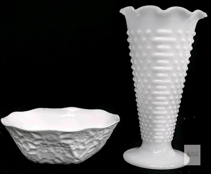 Vintage Unsigned Anchor Hocking Hobnail Milk Glass Flower Vase 9.5" & 5-Sided Daisy Imprinted Unsigned Indiana Milk Glass Serving Bowl 7.4" &times; 2.5" High
