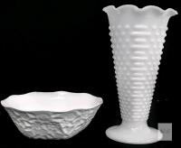 Vintage Unsigned Anchor Hocking Hobnail Milk Glass Flower Vase 9.5" & 5-Sided Daisy Imprinted Unsigned Indiana Milk Glass Serving Bowl 7.4" &times; 2.5" High