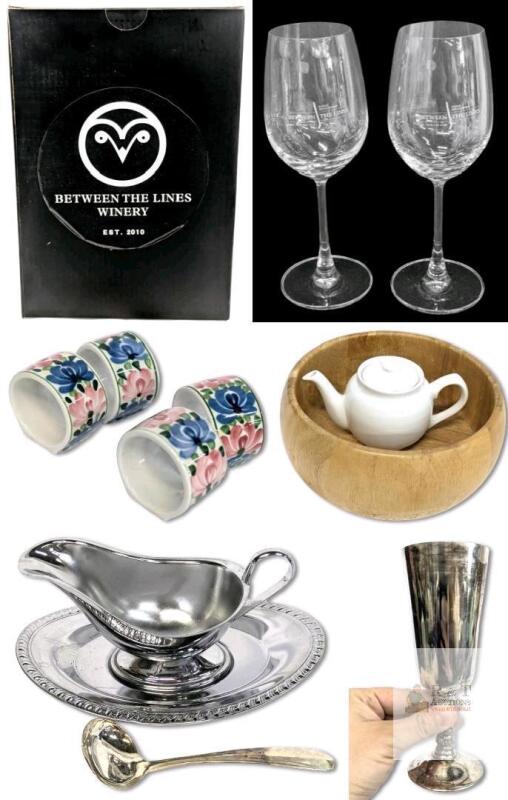 2 Between The Lines Winery Wine Glasses, Ceramic Single Serve Teapot, Large 9.25" &times; 4.25" Wood Salad Bowl, Irvinware USA Gravy Boat & Dish, Silverplate Goblet & 4pc Auckey Philippines Ceramic Napkin Rings, No Chips or Cracks