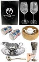 2 Between The Lines Winery Wine Glasses, Ceramic Single Serve Teapot, Large 9.25" &times; 4.25" Wood Salad Bowl, Irvinware USA Gravy Boat & Dish, Silverplate Goblet & 4pc Auckey Philippines Ceramic Napkin Rings, No Chips or Cracks