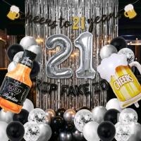 New 21st Birthday Decorations, Black and Gold Party Decor with Happy Birthday Banner Hanging Paper Fans Black Gold Tassel and Number Balloons
