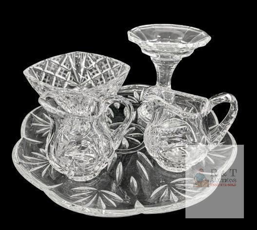 Vintage Crystal & Pressed Glass Treasures with Large St George Crystal Flower-Shaped 11.8" Tray : 2&times; Small Jugs (Pinwheel & Grapes Design) Pedestal Dish/Candle Holder & Footed Candy Dish, Fleabites Can Ve Felt Along Dish & Tray