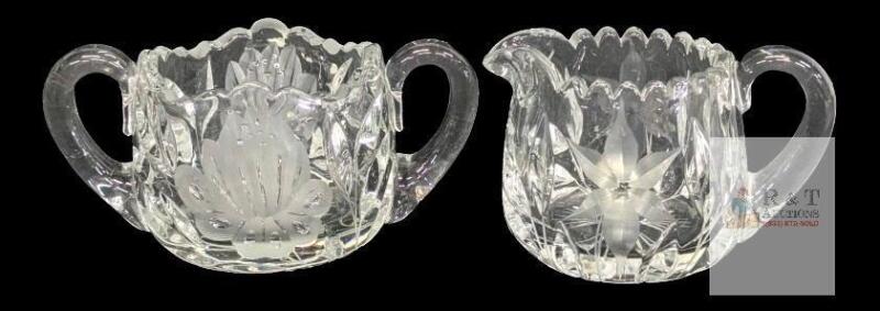 Vintage Super Chunky Heavy Presumed Crystal Creamer & Double Handle Open Sugar Dish With Etched Flower Designs, Up Ro 3.6" High, No Chips or Cracks