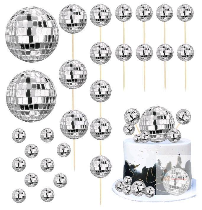 28 PCS PROCAN Disco Ball Cake Toppers, Multi-Size Silver Mirror Set, Model 24YY-LL009