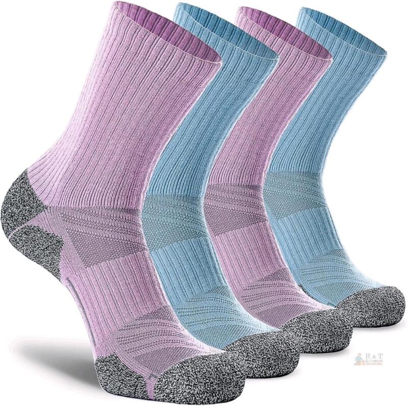 New Size MED Unisex 4-Pack Blue/Purple CWVLC Crew Hiking Socks, Cushion, Moisture Wicking, Arch Compression Boot Socks