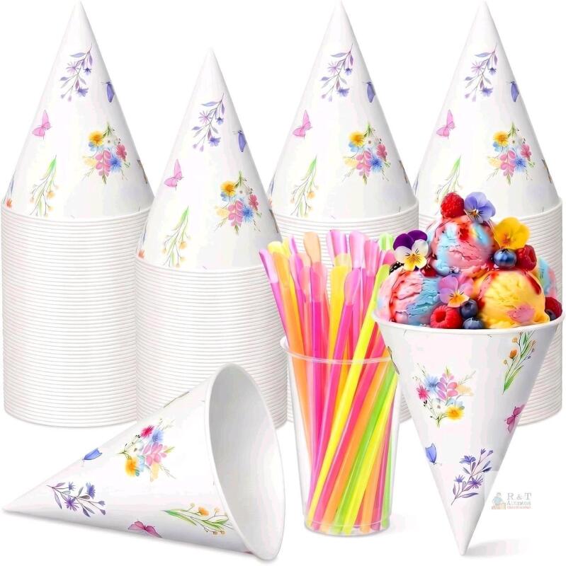 New Honeydak 50 Pcs Spring Floral Snow Cone Cups with Spoon Straws 6 oz Disposable Watercolor Plant Leakproof Paper Cups for Shave Ice Cream Slush Sorbet Spring Party Treats