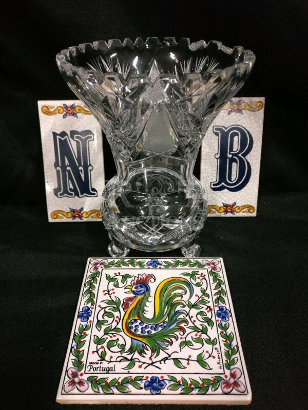 Footed Cut Crystal Vase & Hotplates