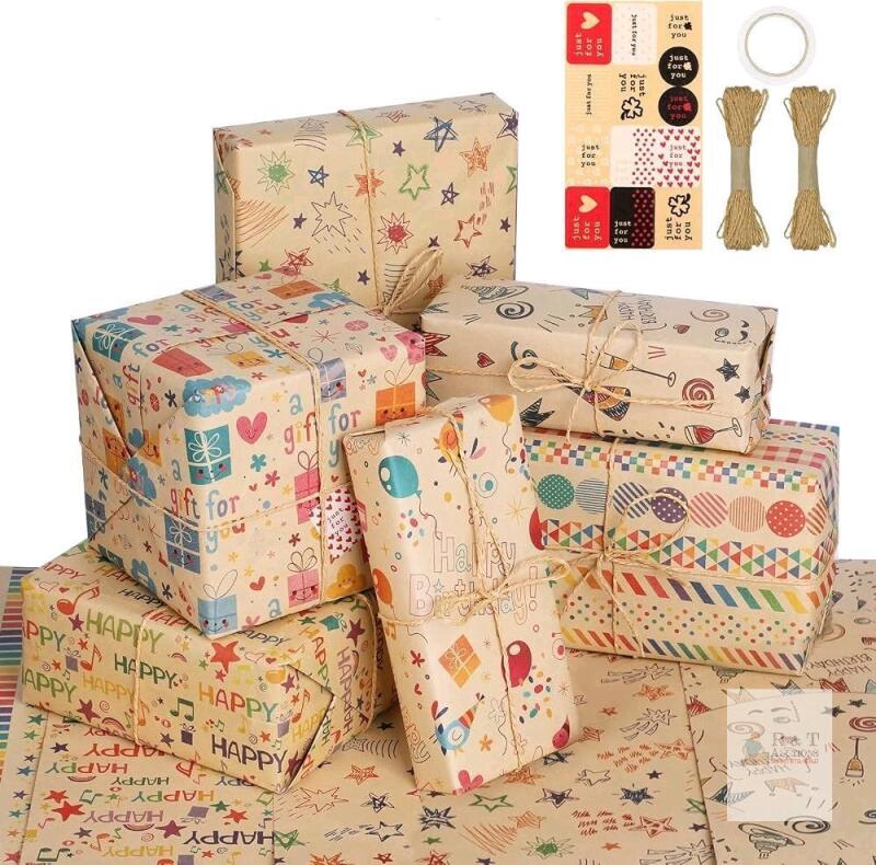 New Simpeak Wrapping Paper, 6 Sheets Gift Wrapping Paper 50 x 70cm with Jute String and Stickers, Kraft Wrapping Paper